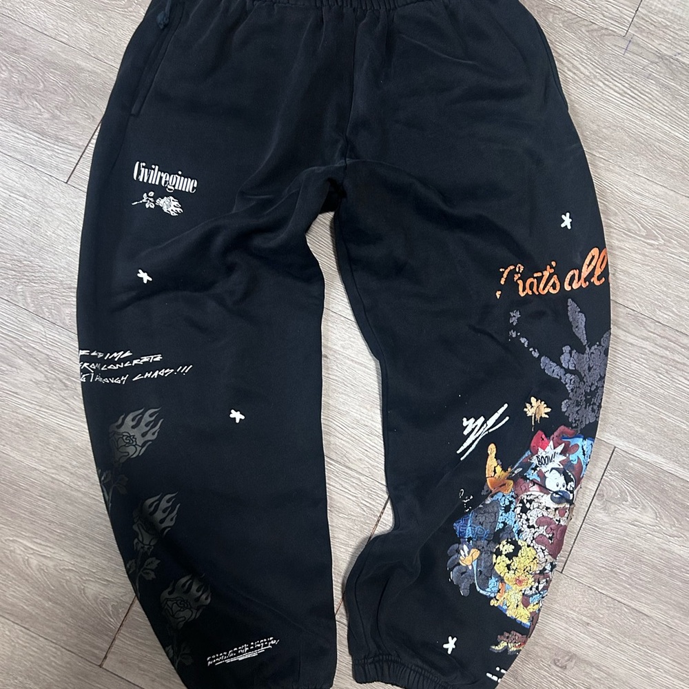 Black Graphic Kids Sweatpants with Colorful Cartoon Print